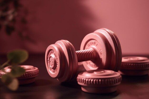 A red dumbbell is on a table next to other dumbbells.