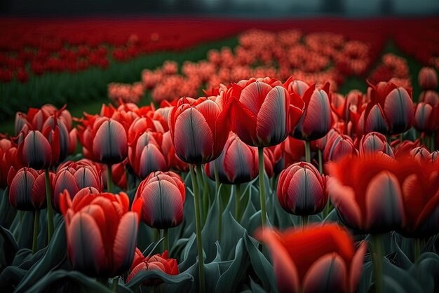 red Dutch tulips spread out on a vibrant bed