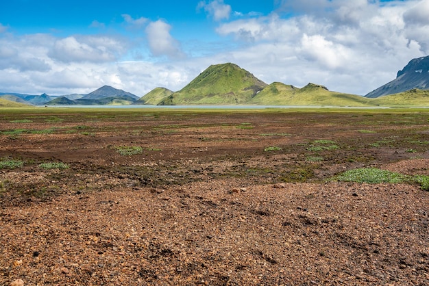 Red earth and red rock green mountain covered with grass and lichen in the Landmannalaugar region