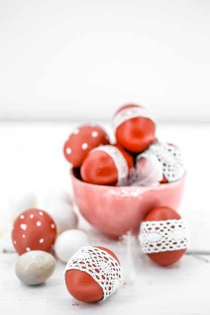 Red Easter eggs still life