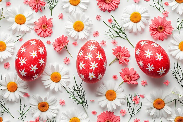 Red easter eggs on a white background with the flowers of daisies