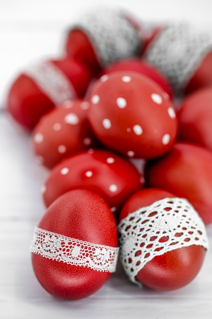 Red Easter eggs on a white background