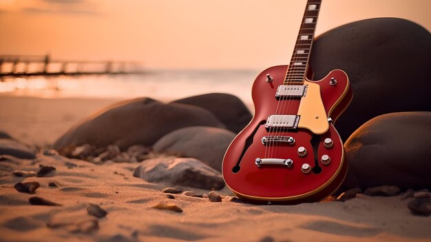 A red electric guitar on the beach