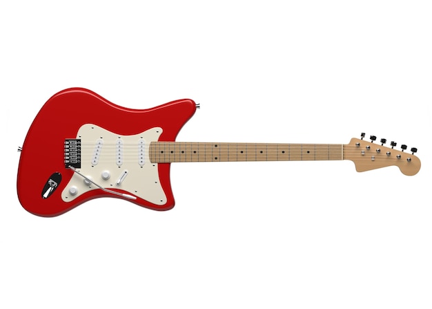 Red electric guitar with six string wooden body and fretboard isolated on white background