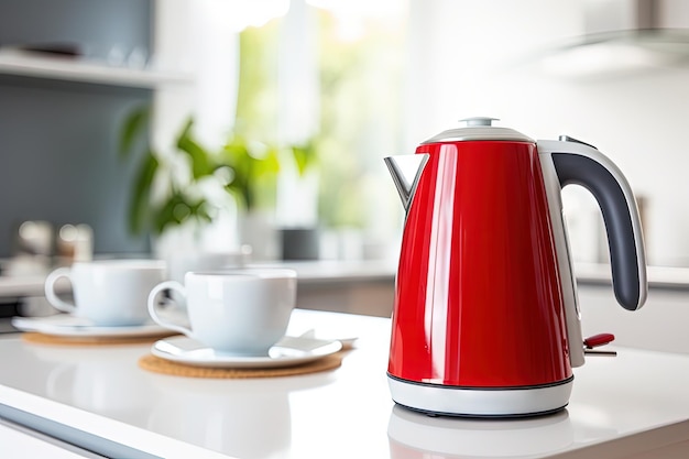 Bollitore elettrico rosso con una tazza bianca sul tavolo della cucina a  casa