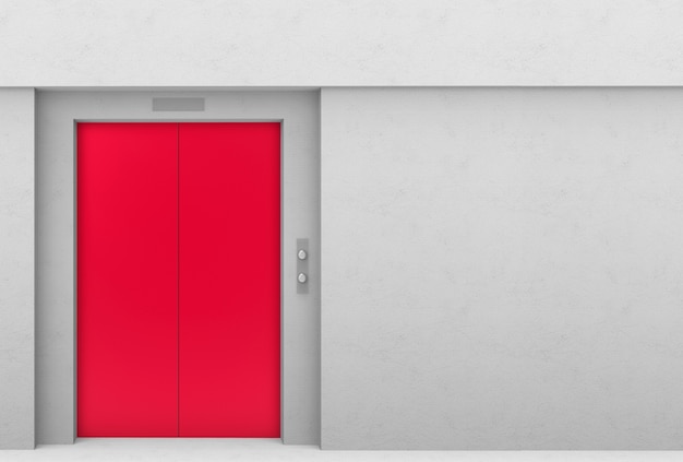 Photo red elevator door with gray cement copy space wall background.