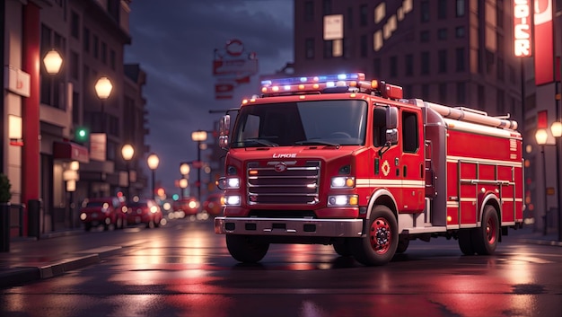 a red emergency truck driving down a city street