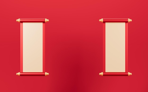 Red empty opening scroll on the red background Spring Festival theme 3d rendering