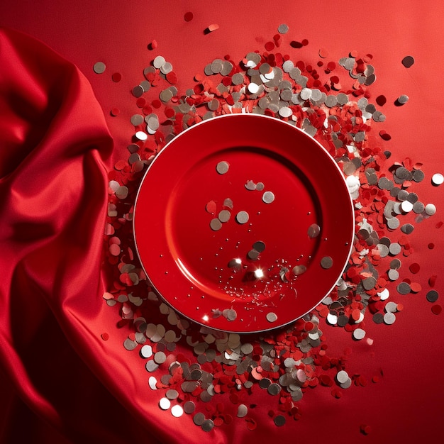 Red empty plate on marble table flatlay background