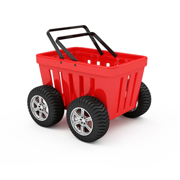 Красная пустая корзина для покупок на колесах