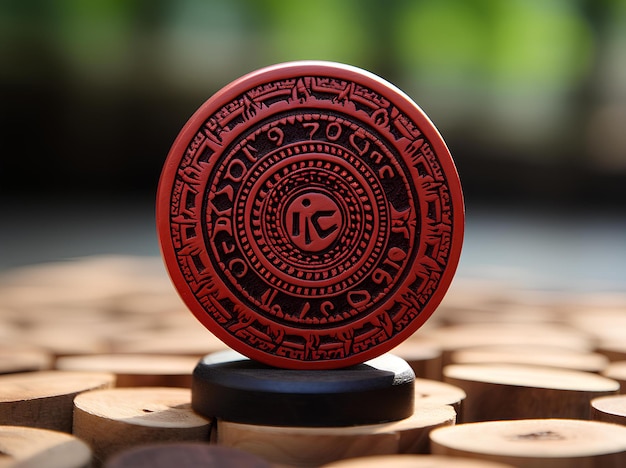 The red enchantment coin on the wooden surface