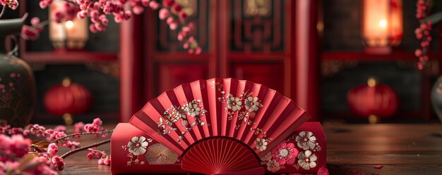 Photo a red envelope with miniature fan attached background