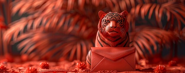 Photo a red envelope with miniature tiger figurine wallpaper