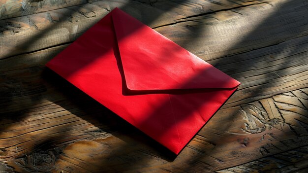 Red Envelope on Wooden Table with Sunlight and Shadow