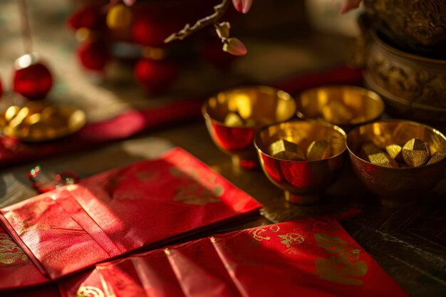 Photo red envelopes and gold ingots an elegant display of red envelopes and symbolic gold ingots