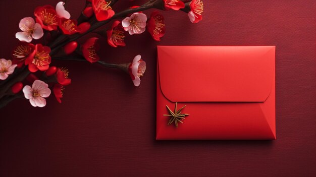 Red Envelopes with Plum Blossom on Red Chinese New Year Background