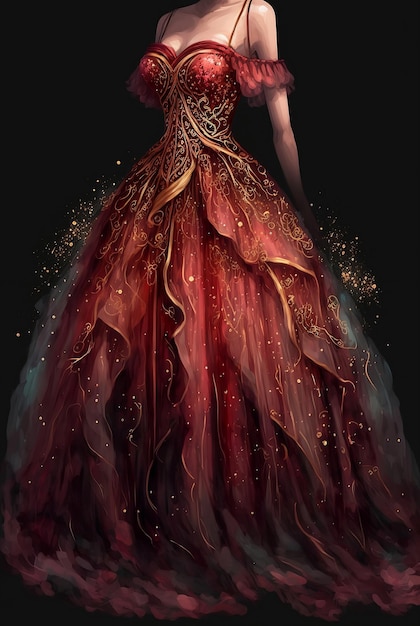 Red evening dress with golden decor on a dark background