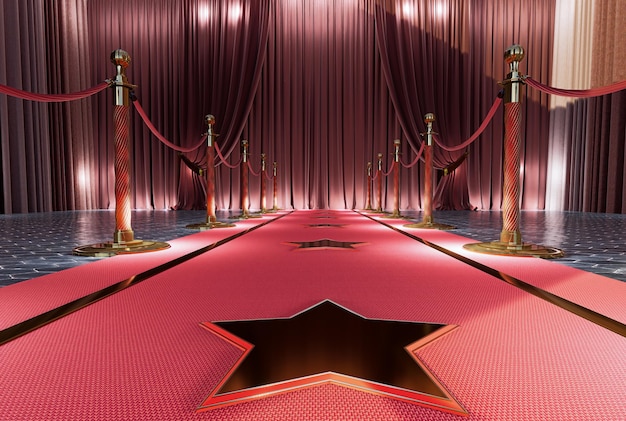 red event gold barriers leading to a red curtains background carpet with vip concept 3d render