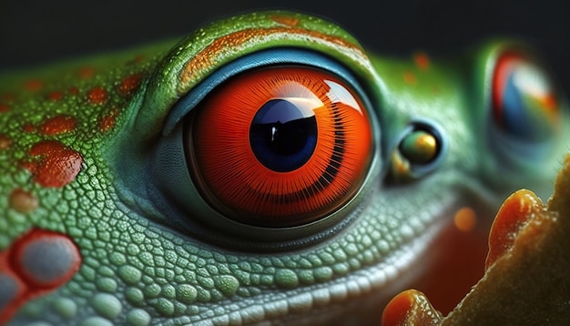 A red eye of a chameleon with a green eye