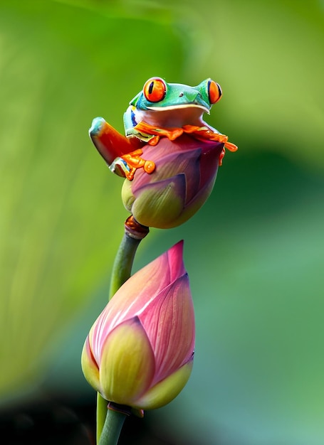 Лягушка с красными глазами сидит на бутоне цветка лотоса