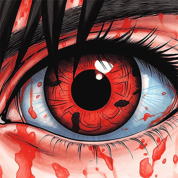 A red eye with blood on it