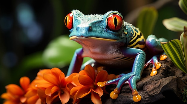 Red eyed tree frog on a leaf in a tropical rainforest