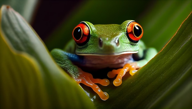 Red eyed tree frog peeking out from leaf generated by AI