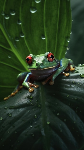 A red eyed tree frog sits on a leaf with raindrops on it