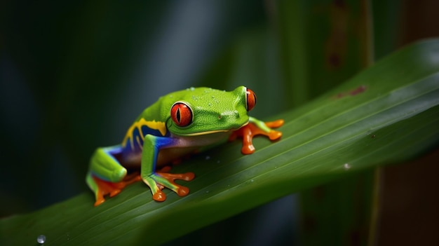 A red - eyed tree frog sits on a leaf.