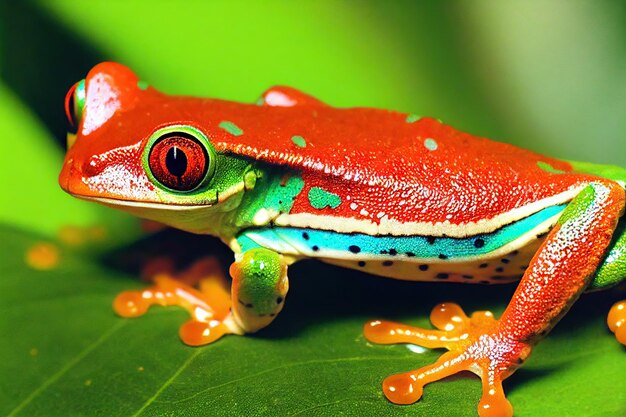 Foto raganella dagli occhi rossi con dorso arancione su foglia verde