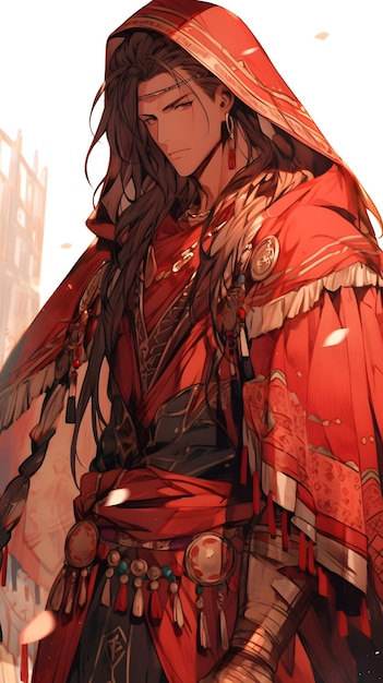 красная ткань длинные чистые тупые волосы интересный наряд воина мужчина модель портрет