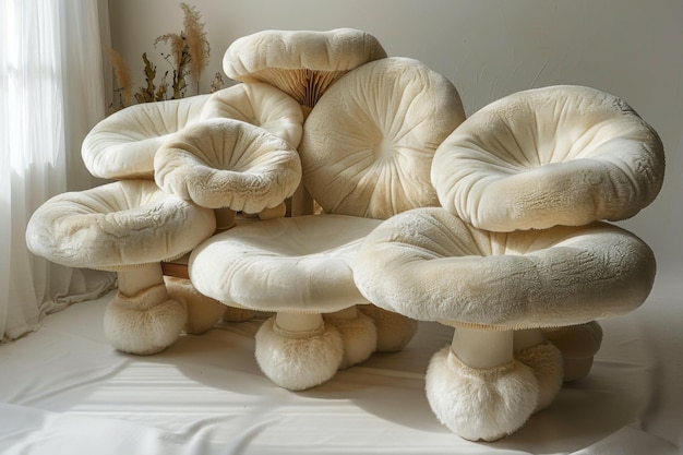 A red fabric sofa seat in the shape of porcini mushrooms standing out against a white background Surreal unusual