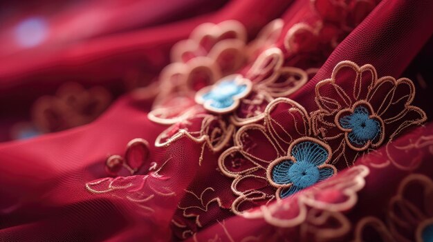 Red fabric with blue and gold floral embroidery