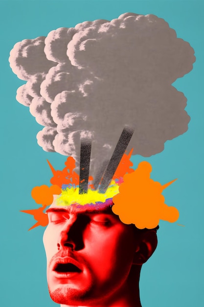 A red face with smoke coming out of it and a cloud of smoke coming out of it.