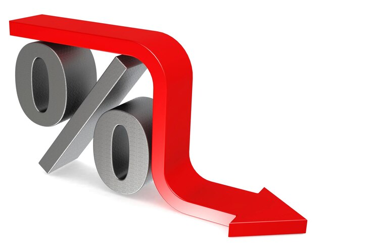 Photo red fall arrow with percent sign isolated