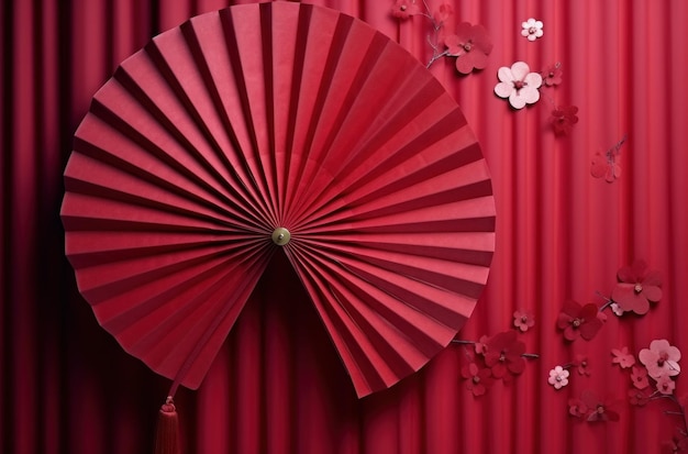 a red fan is hung from a pink wall