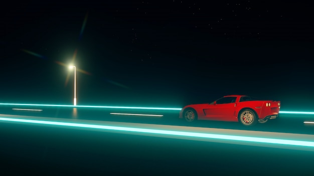 Auto veloce rossa che corre ad alta velocità sulla strada di notte