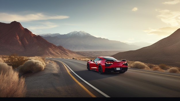 A red ferrari car drives down a highway with mountains in the background.