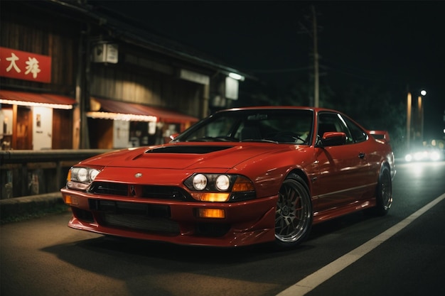 Red Ferrari in a night city street