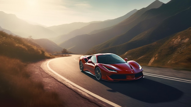 A red ferrari sports car driving on a mountain road.