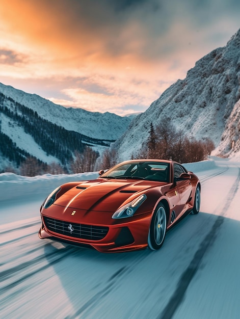 A red ferrari sports car driving through a snowy landscape.