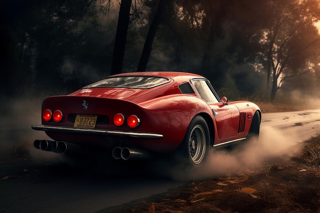 A red ferrari sports car is driving on a road with smoke coming out of the tires.