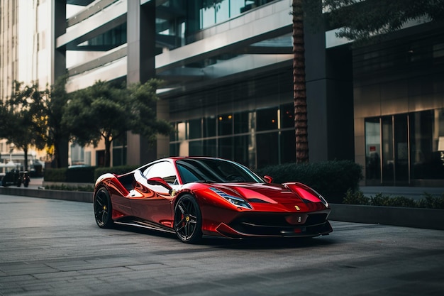 A red Ferrari on the street with an office building in the background