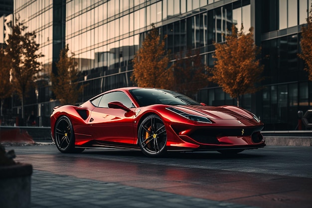 A red Ferrari on the street with an office building in the background