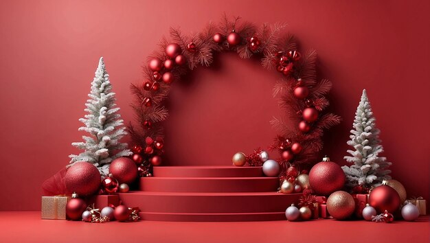 Red festive podium decoration with New Year's attributes Christmas treestoystinselGenerative AI