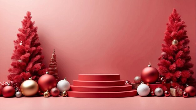 Red festive podium decoration with New Year's attributes Christmas treestoystinselGenerative AI