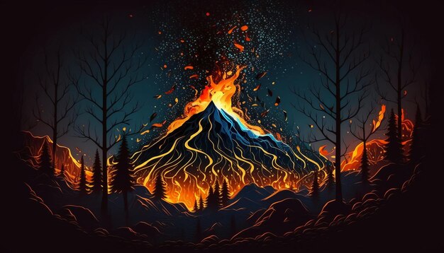 Red fiery volcano with lava and smoke