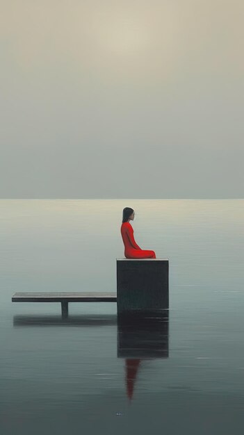 a red figure sits on a bench in the water.