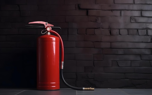 A red fire extinguisher on a black brick wall