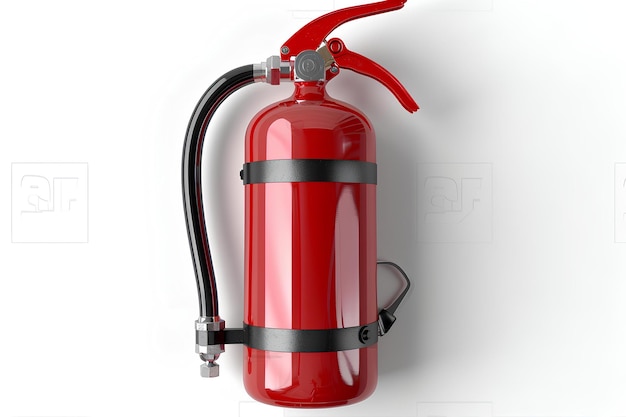 A red fire extinguisher is hanging on a wall with a red handle and a black hose a stock photo